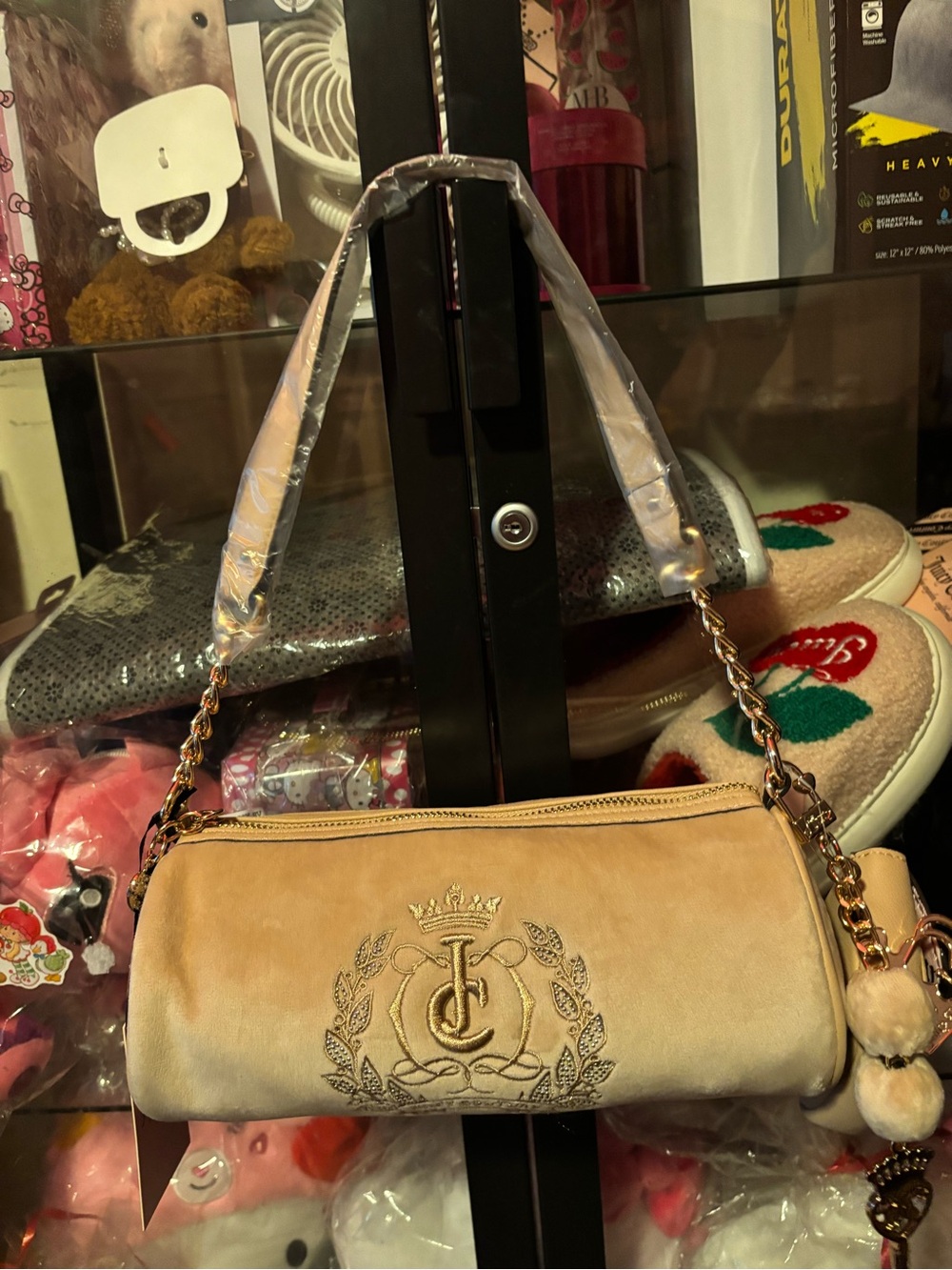 Velvet Embroidered Crest Shoulder Bag - Beige